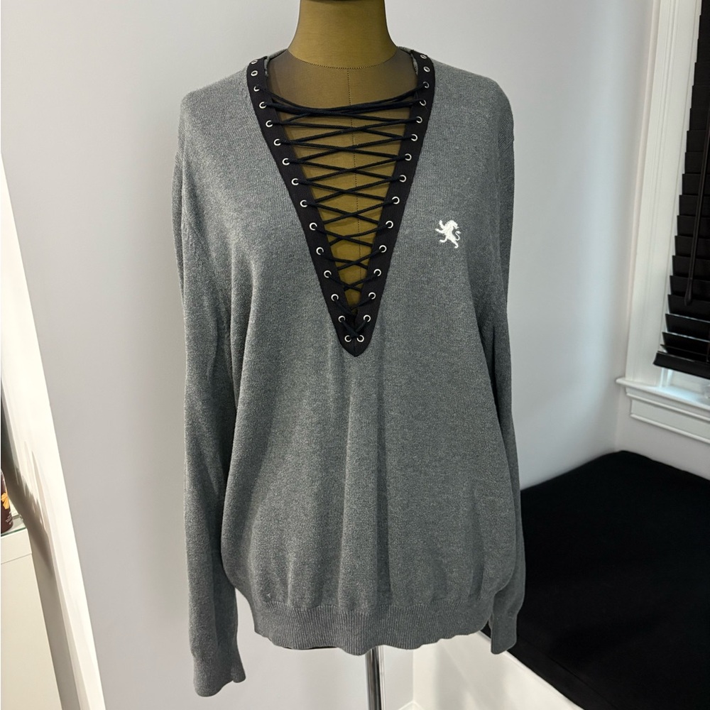 LF Gray V-Neck Sweater with Lace-Up Detail